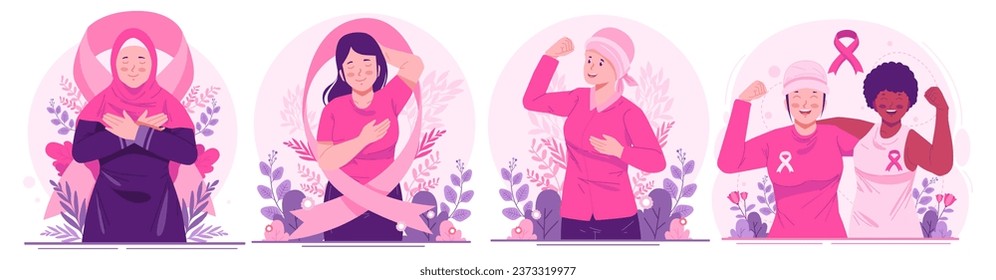 Illustration Set of Breast Cancer Awareness Month. Women With Ribbons Pink As a Concern and Support for Women With Breast Cancer