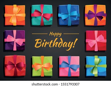 Illustration with set of bright and colorful gift boxes suitable for brithday greeting cards, posters, advertising