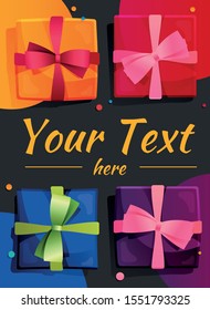 Illustration with set of bright colorful gift boxes and place for your text suitable for posters, banners, cards
