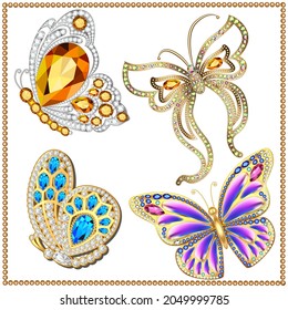 illustration set of brooches golden butterfly with precious stones