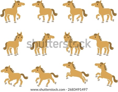 Illustration set of brown horses in various poses