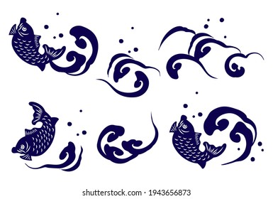 Illustration set of brush tsunami and sea bream