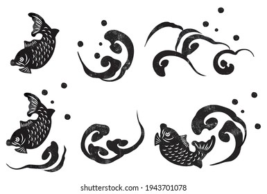 Illustration set of brush tsunami and sea bream