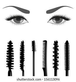 Illustration of a set of brushes mascara and eyes