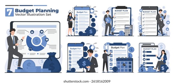 Illustration set of budget planning concept with characters managing expenses, saving money, setting financial goals