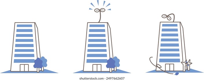 Illustration set of a building with sprouting leaves and a building withering and dying.