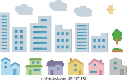 Illustration set of buildings and houses (three-dimensional)