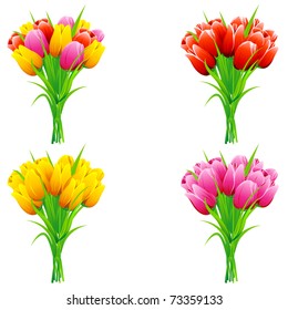 illustration of set of bunch of tulip in a bouquet on isolated background