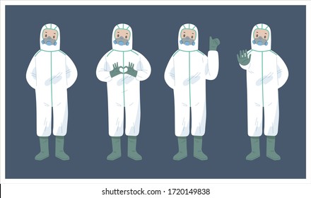 illustration set bundle of medical workers in PPE suit to fight against corona virus or COVID-19. to taking care of people in pandemic situation. medical workers in different position.