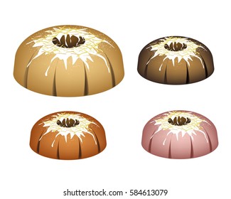 Illustration Set of Bundt Cake or Traditional Big Round Cake with Hole Inside, Mirror Glaze Coating and Chocolate Sprinkles for Holiday Dessert Isolated on White Background.
