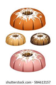 Illustration Set of Bundt Cake or Traditional Big Round Cake with Hole Inside, Mirror Glaze Coating and Nuts for Holiday Dessert Isolated on White Background.
