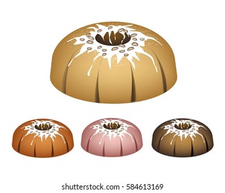 Illustration Set of Bundt Cake or Traditional Big Round Cake with Hole Inside, Mirror Glaze Coating and Chocolate Sprinkles for Holiday Dessert Isolated on White Background.
