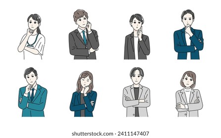 Illustration set of business people of various occupations who are worried with their arms crossed