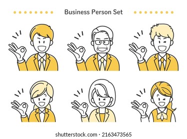 Illustration set of business persons doing OK sign （yellow）