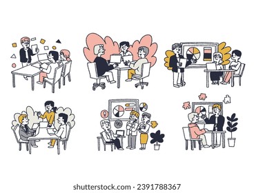  Illustration set of a business team working together in conversation, comical hand-drawn figures vector, line drawing in color.