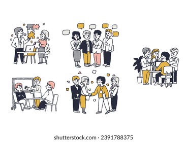  Illustration set of a business team working together in conversation, comical hand-drawn figures vector, line drawing in color.