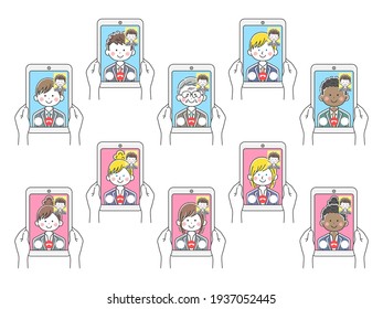 Illustration set of a businessman making a video call on a tablet PC.