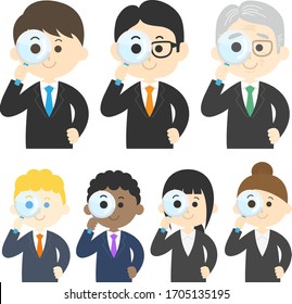 Illustration set of a businessman using a magnifying glass.