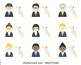 Illustration set of a businessman whose temperature is to be measured.