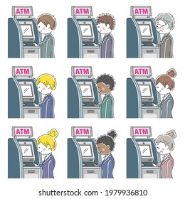 Ilustración de hombres de negocios que usan cajeros automáticos.
