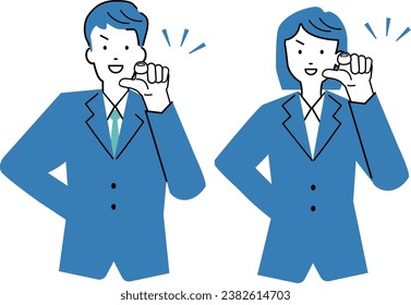 Illustration set of businessmen and women pointing to the front.The background is transparent.