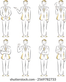 Illustration set of businessmen's poses: greeting, guidance, like pose, inspiration, arms folded, fist pump, thinking, handshake