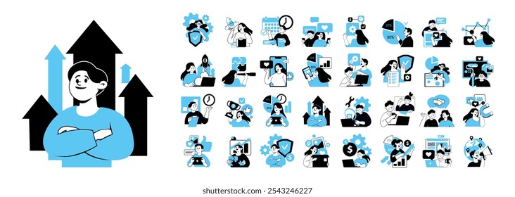 Illustration set of businesspeople  and various activities of company and project management, online communication,  finance, marketing.