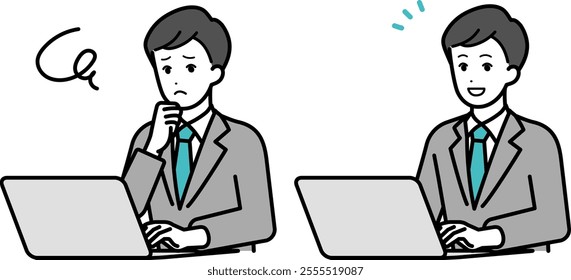 Illustration set of businessperson man operating a personal computer.