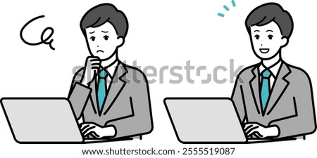 Illustration set of businessperson man operating a personal computer.