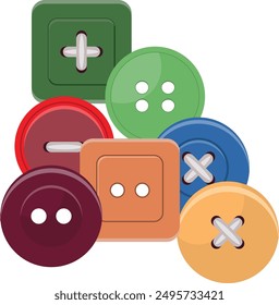 Illustration of a set of buttons of different colors and shapes on a white background