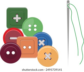 Illustration of a set of buttons of different colors and shapes and a sewing needle on a white background