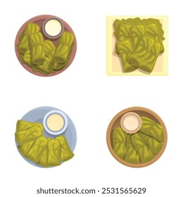 Illustration set of cabbage rolls filled with meat or rice, served with a side of sauce