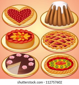illustration set cake and pie with strawberries cherry