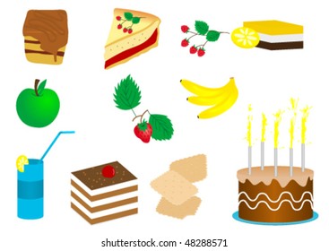Illustration of a set of cakes and fruits