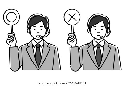 A ｍonochrome Illustration Set Of A Call Center Man With Correct And Incorrect Tags.Vector Data That Is Easy To Edit.