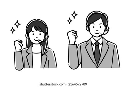 It is a ｍonochrome illustration set of call center men and women who make guts poses.Vector data that is easy to edit.