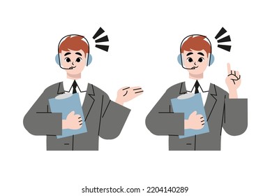 Illustration set of call center men who make OK poses. Flat vector illustration isolated on white background data that is easy to edit.