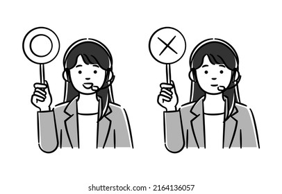 A ｍonochrome Illustration Set Of A Call Center Woman With Correct And Incorrect Tags.Vector Data That Is Easy To Edit.