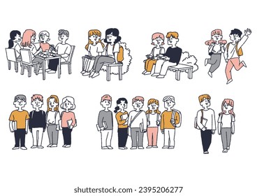 Illustration set of campus life, comical hand-drawn figure, vector, color on line drawing.