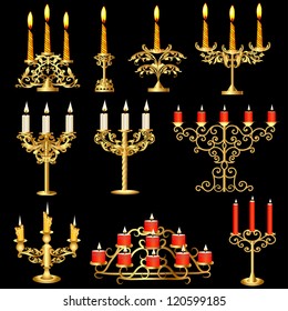 illustration set of candelabra and candlesticks with candles