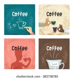 illustration Set of cards for coffee shops. Hand holding a cup, man drinking coffee, mug with the inscription "good morning".