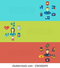 Illustration set cards with medical elements, trendy flat icons - vector