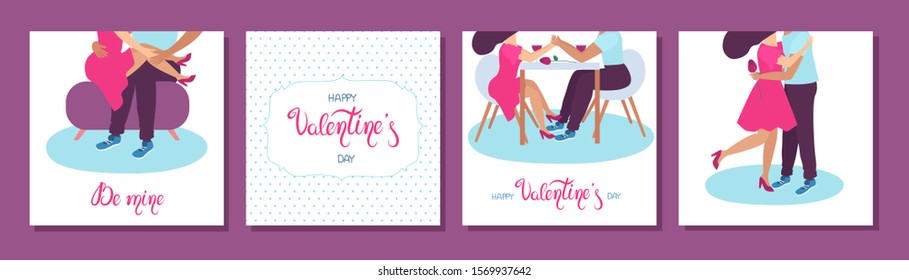 illustration set of cards for valentines day. couple in love guy and girl on a date at the table cuddling on the couch. For design, cards, banners, flyers.