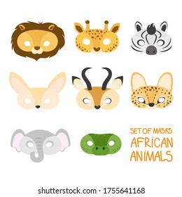 illustration set of cartoon animal africa carnival masks: lion, giraffe, zebra, fenech, antelope, serval, elephant, crocodile. mask on the eyes of a masquerade. vector