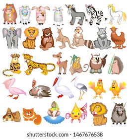 Illustration set of cartoon animals with cow, sheep, goat, lion, pig, zebra, kangaroo, hedgehog, heron, elephant, wolf, dog, cat and jaguar