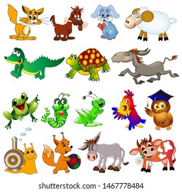 Illustration set of cartoon animals with cow, sheep, rabbit, crocodile, owl, donkey, donkey, frog, caterpillar, grasshopper, parrot, dog, cat and squirrel