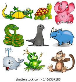 Illustration set of cartoon animals with crocodile, turtle, snake, sea lion, hippo, whale, frog and monkey