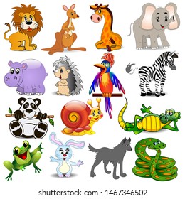 Illustration set of cartoon animals with crocodile, snail, snake, lion, hippo, zebra, panda, hedgehog, giraffe, elephant, wolf, hare, frog and kangaroo