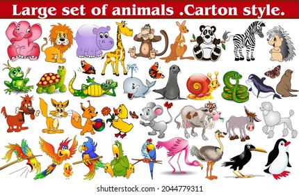 Illustration set of cartoon animals with crocodile, turtle, snake, sea lion, hippo, whale, frog and monkey, insulated on white.