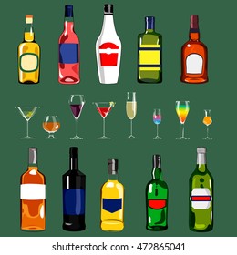 Illustration set cartoon colorful hand drawn bottles with various alcoholic beverages and cocktails glasses with different design, for bar restaurant menu or poster, isolated, vector eps 10